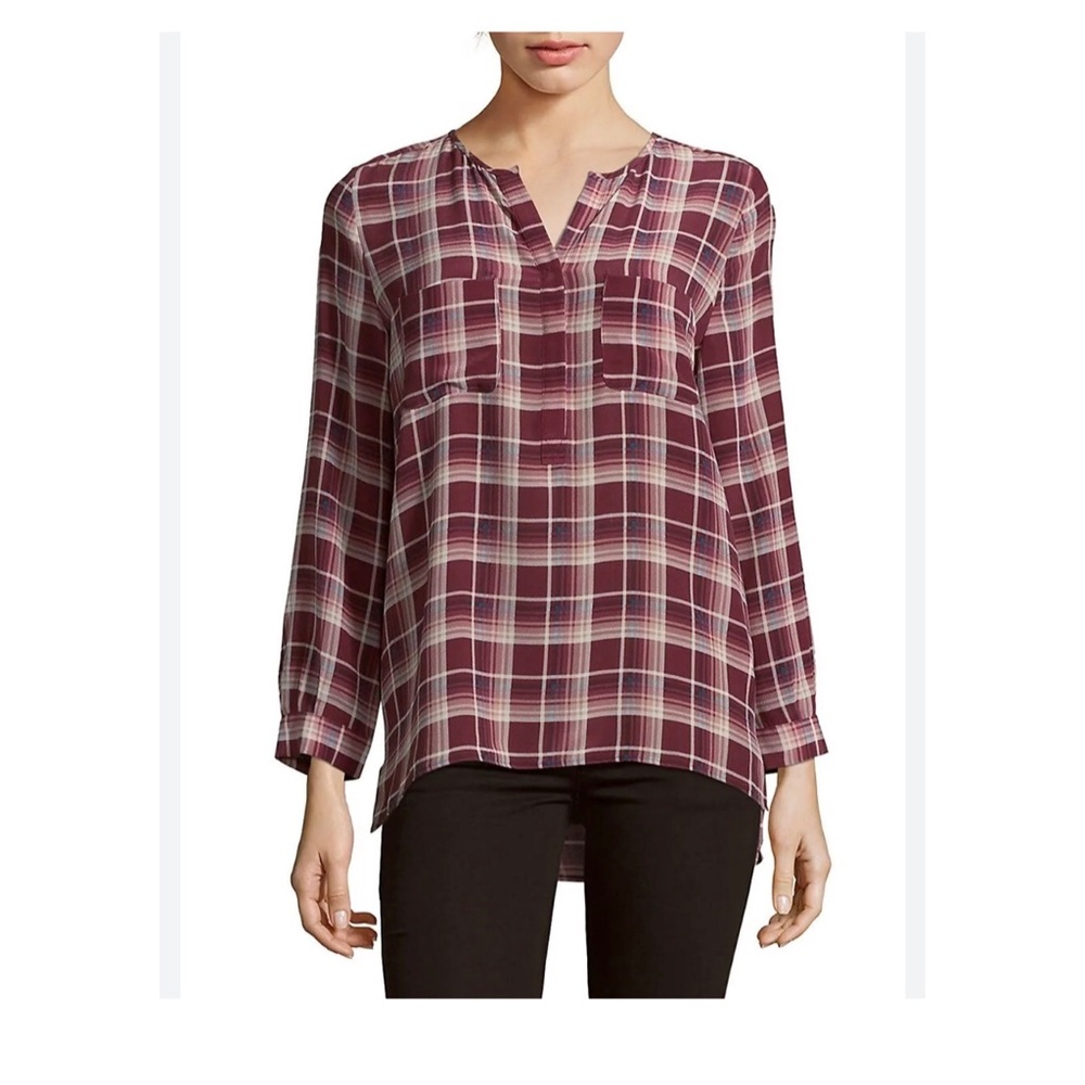JOIE Nepal Plaid Silk Long-Sleeve V-Neck Women's TunicTop Blouse - Burgundy